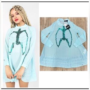 Iron Fist Dead Mermaid Walking Dress Pastel Goth Blue Sequin Rib Cage Pan Collar